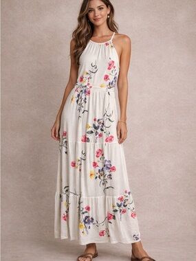 Old Navy Cream Floral Halter Maxi Dress